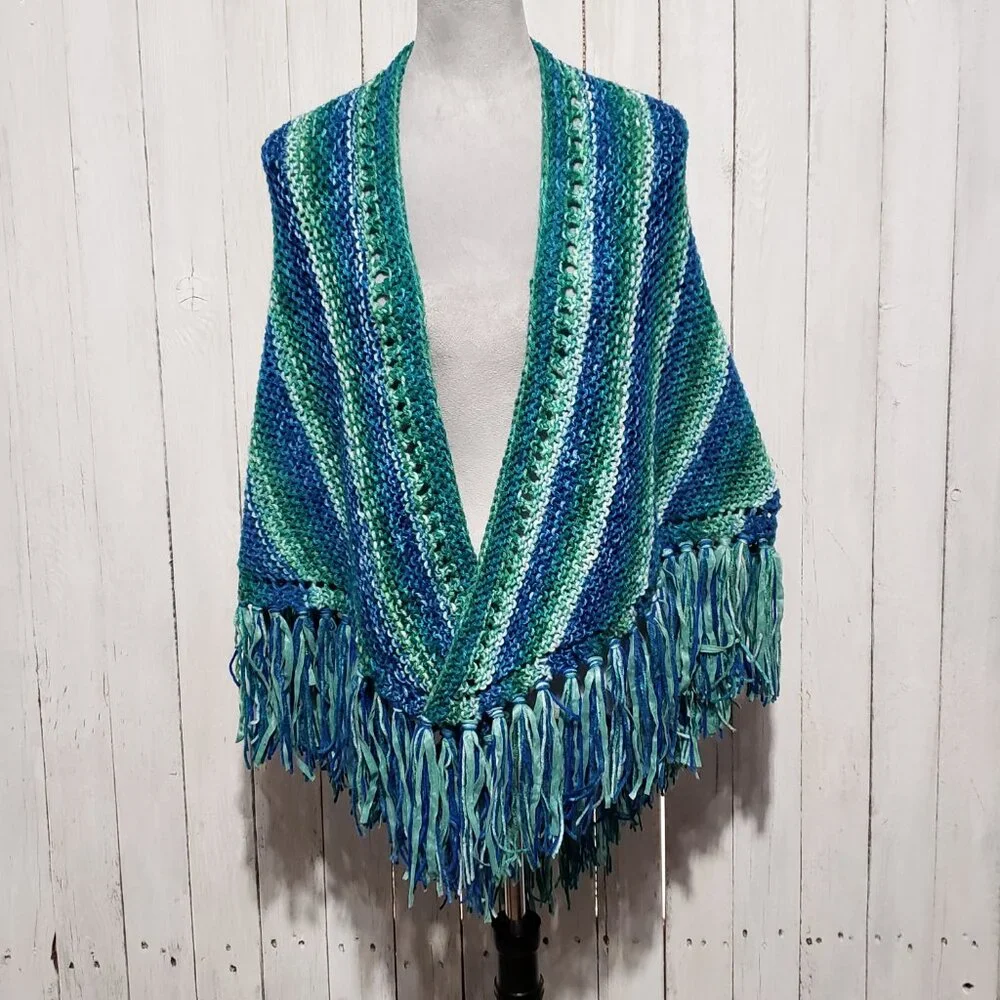NEW Blue Green Ombre‎ Hand Knitted Shawl Wrap Scarf Boho Coastal Indie Artsy Mod